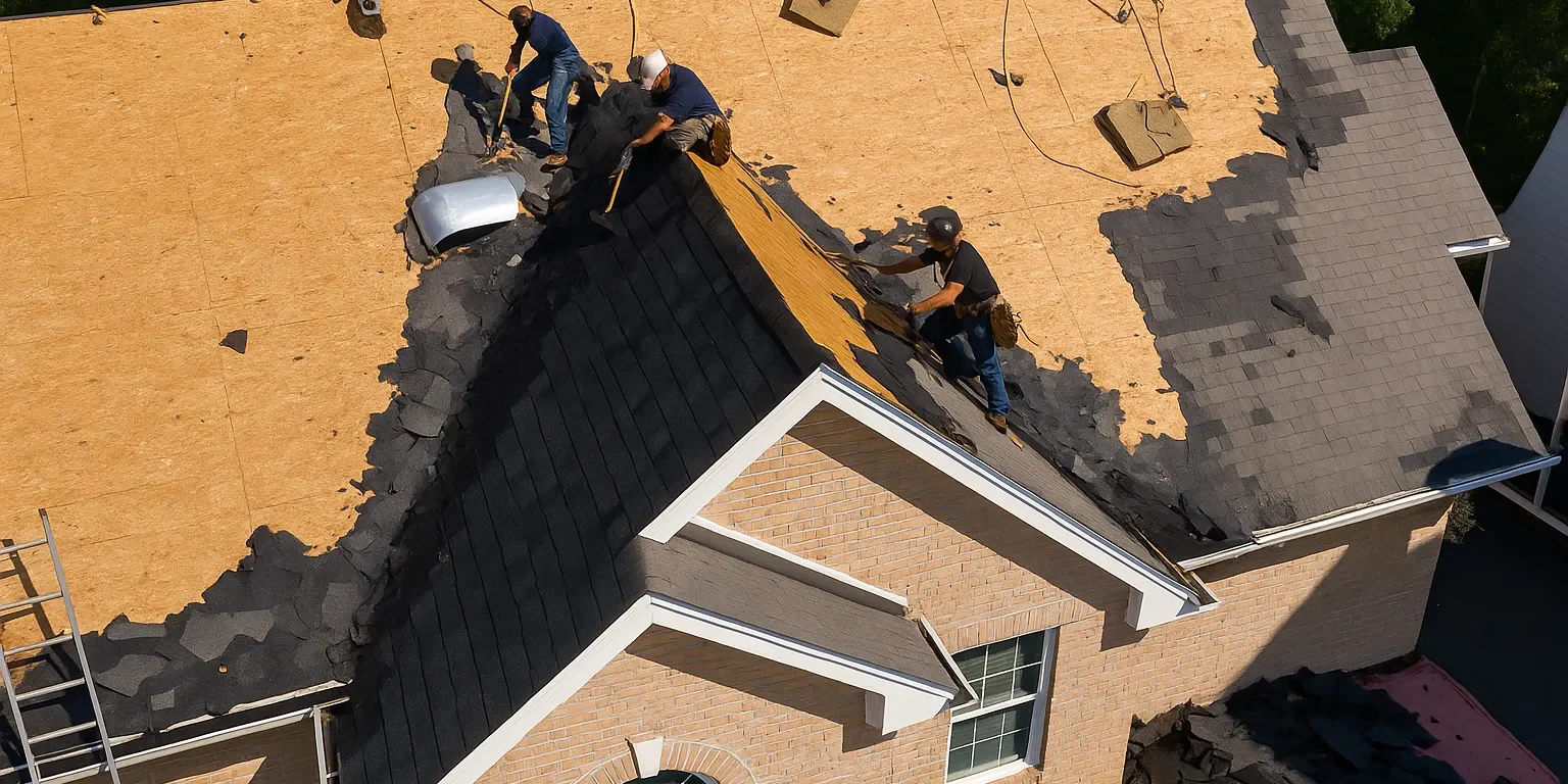 Crew removing asphalt shingles during full roof replacement on Texas home
