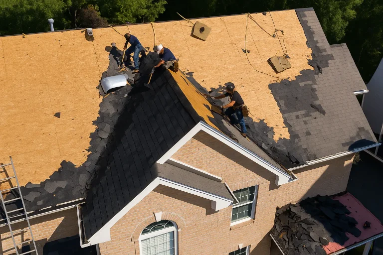 complete-roof-tear-off-dfw-asphalt-shingles Crew removing asphalt shingles during full roof replacement on Texas home