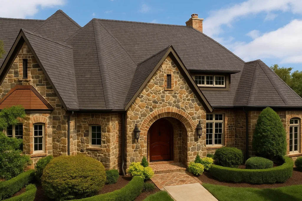 dfw-asphalt-shingle-roof-tudor-style-home Tudor-style home with 30-year asphalt shingles and detailed stone façade