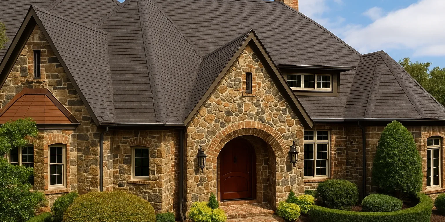 dfw-asphalt-shingle-roof-tudor-style-home Tudor-style home with 30-year asphalt shingles and detailed stone façade