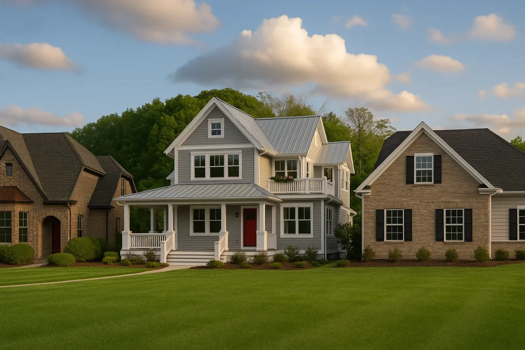 Dallas-Fort Worth homes with metal and asphalt roofs at sunset