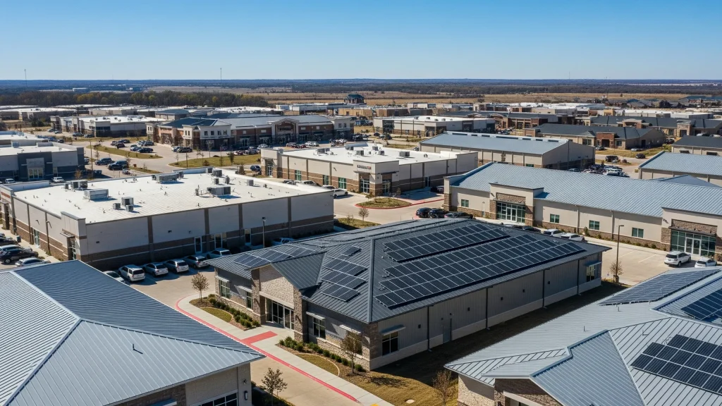 Aerial view of modern commercial buildings in Texas with metal roofs and solar panels on a clear day.