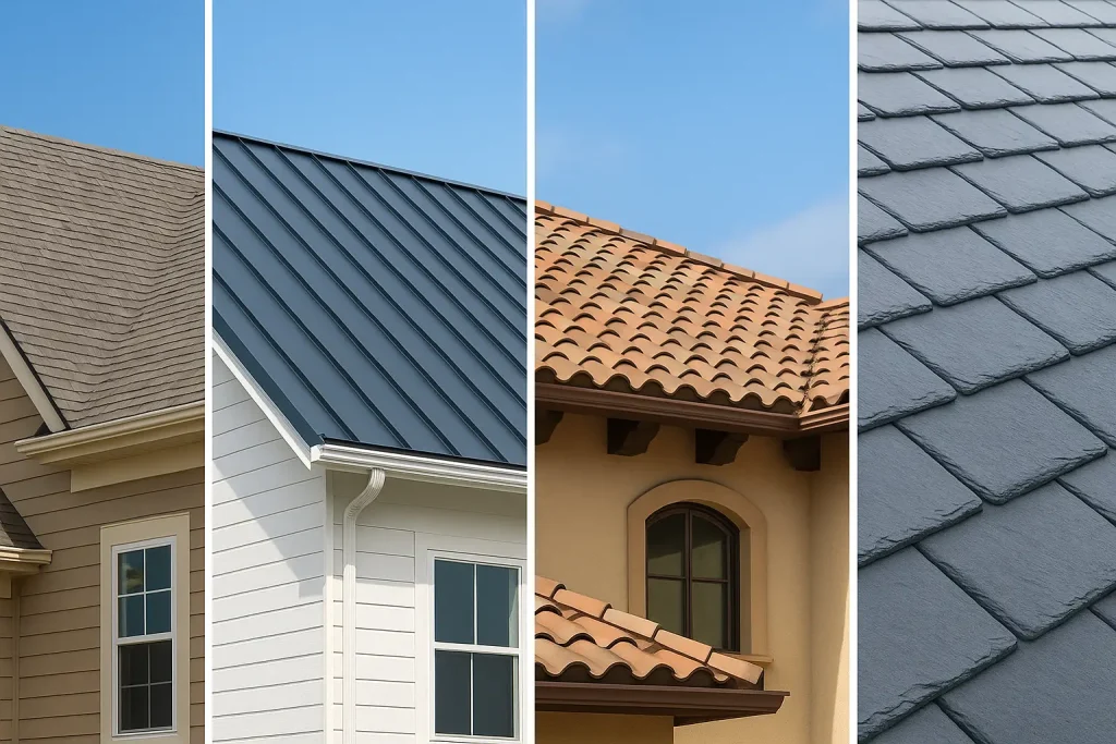 Collage showing asphalt shingle, metal, clay tile, and synthetic slate roofs
